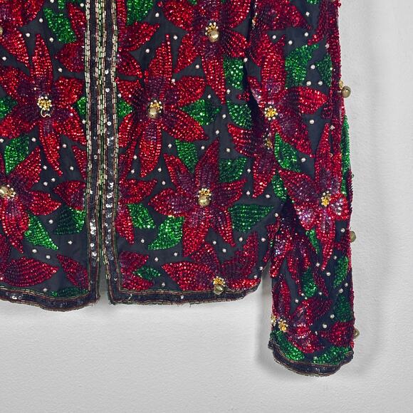 Vintage Laurence Kazar Sequin Jacket Size XL Red Black Floral Beaded Cropped - Picture 5 of 15